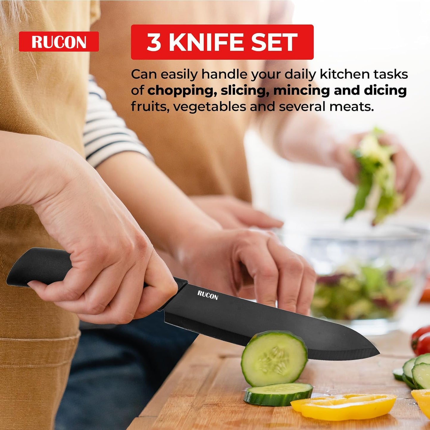 RUCON® Stainless Steel 3 Pieces Professional Kitchen Knife Set Meat Knife Chef Knife with Non-Slip Ergonomic Handle Sharp Manual Sharpening for Home Kitchen High Carbon Knife Black Set-Black