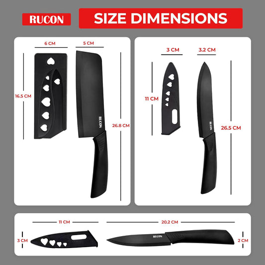 RUCON® Stainless Steel 3 Pieces Professional Kitchen Knife Set Meat Knife Chef Knife with Non-Slip Ergonomic Handle Sharp Manual Sharpening for Home Kitchen High Carbon Knife Black Set-Black