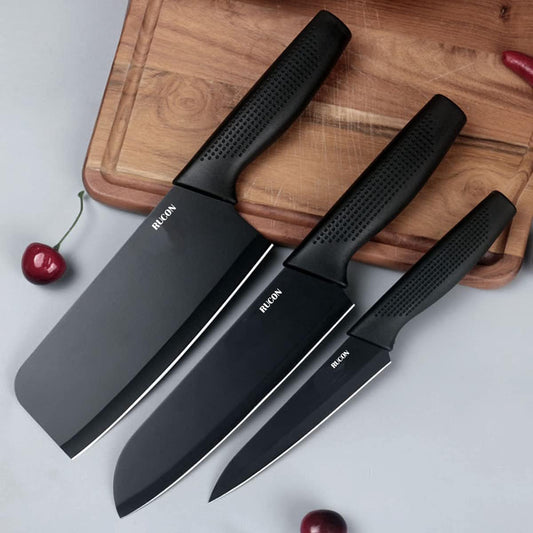 RUCON® Stainless Steel 3 Pieces Professional Kitchen Knife Set Meat Knife Chef Knife with Non-Slip Ergonomic Handle Sharp Manual Sharpening for Home Kitchen High Carbon Knife Black Set-Black